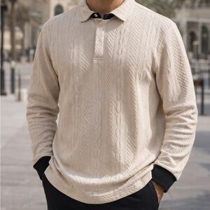 Textured Polo Shirt – Cream Cable Pattern Long Sleeve